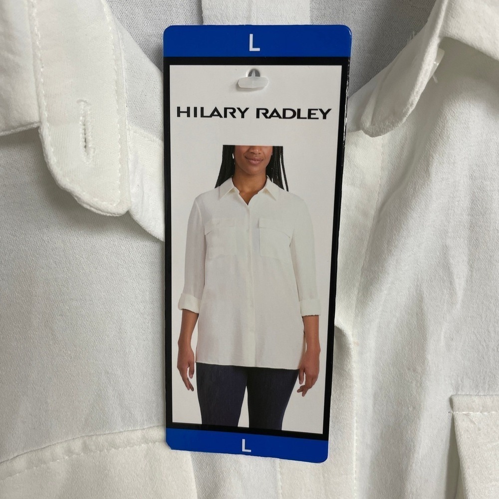 NEW Hilary Radley Women's L White Button Down Long Sleeve Shirt Top Polyester - Picture 9 of 11